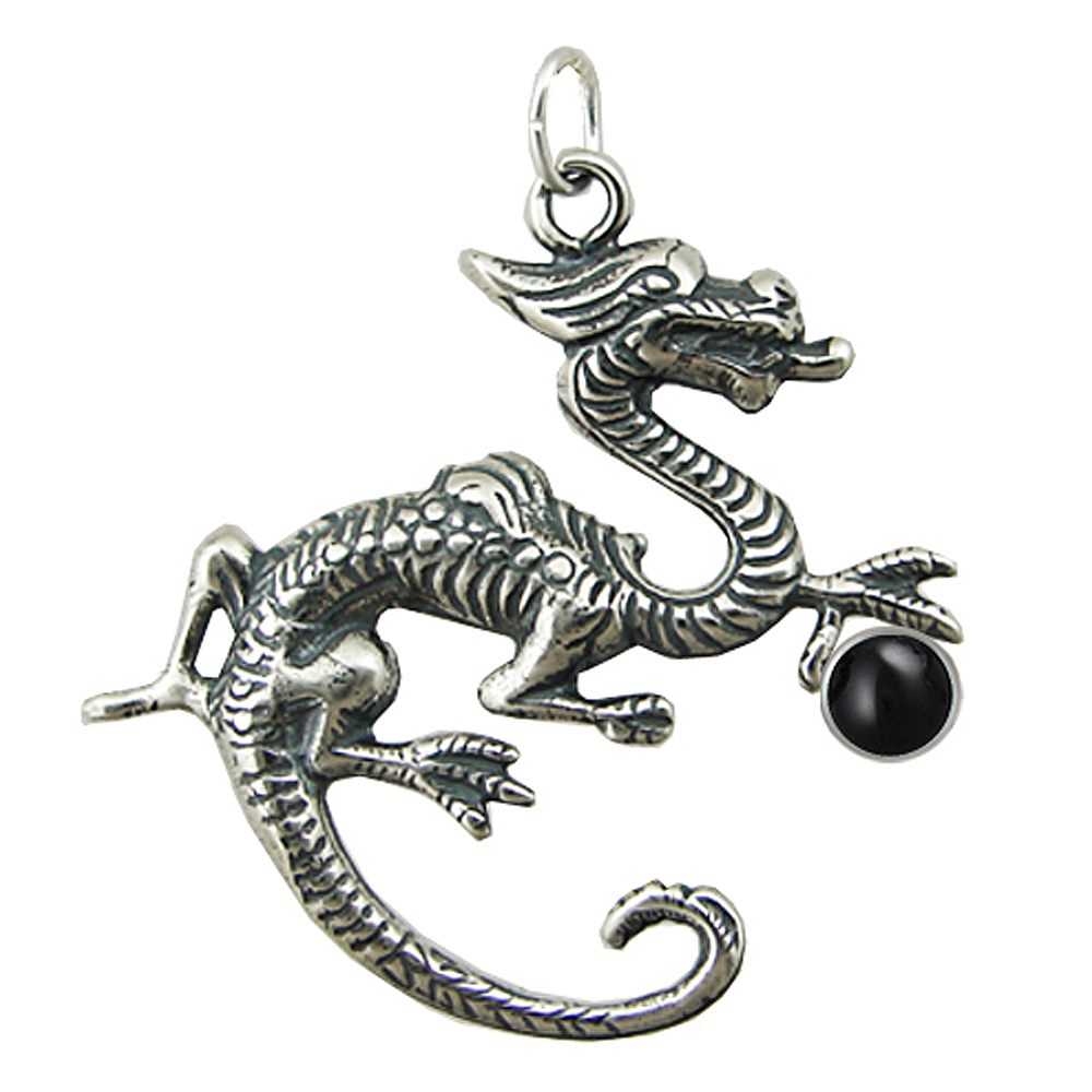 Sterling Silver Sage Dragon Pendant With Black Onyx